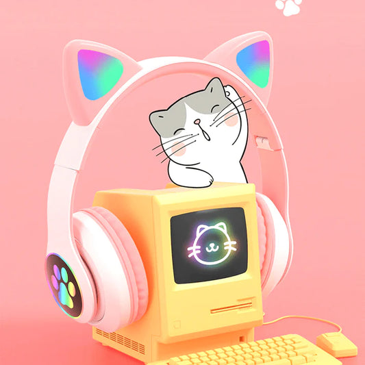 Wireless Cat Ear Headphones with Bluetooth LED and Card - A Touch of Cuteness and Technology